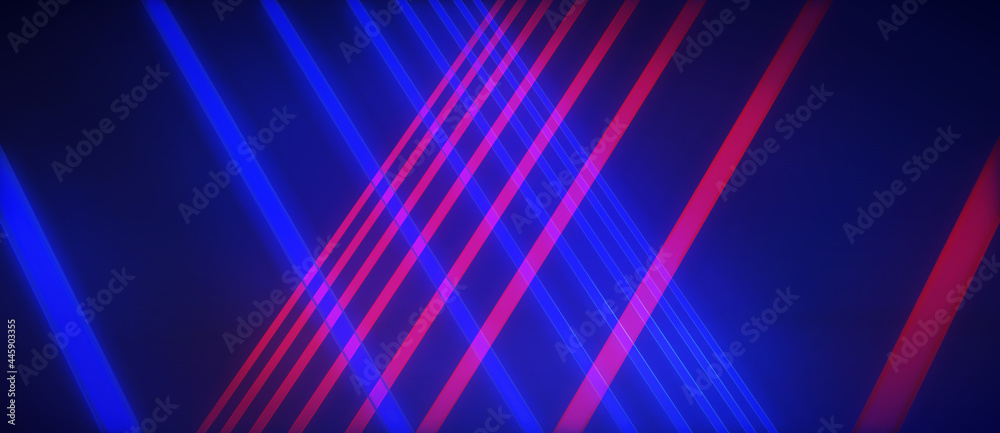 Obraz premium Neon beams, blue tech background. 3D illustration abstract panoramic backdrop