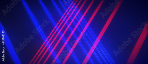 Neon beams, blue tech background. 3D illustration abstract panoramic backdrop