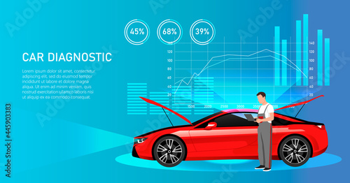 Electronic car diagnostic. Repair car service. Workshop for repair and diagnostics of the automobile or smartcar. Vector illustration