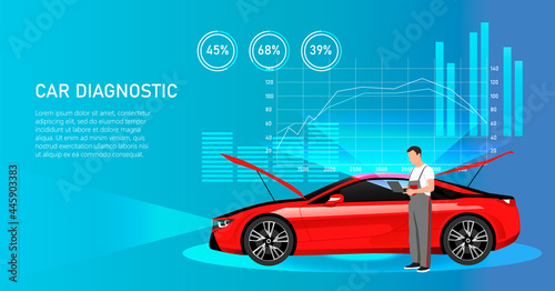 Electronic car diagnostic. Repair car service. Workshop for repair and diagnostics of the automobile or smartcar. Vector illustration photo