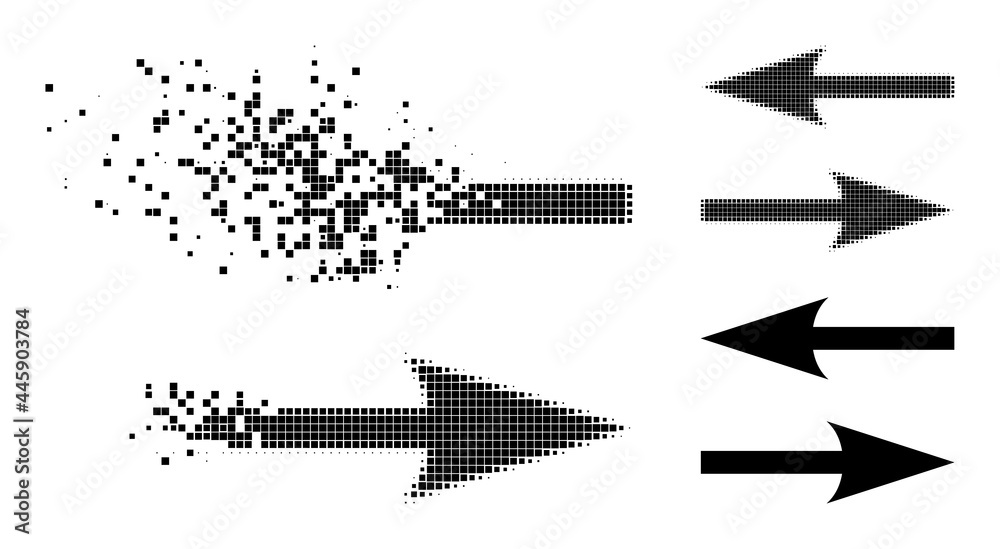 Disintegrating dot horizontal exchange arrows icon with destruction effect, and halftone vector icon.