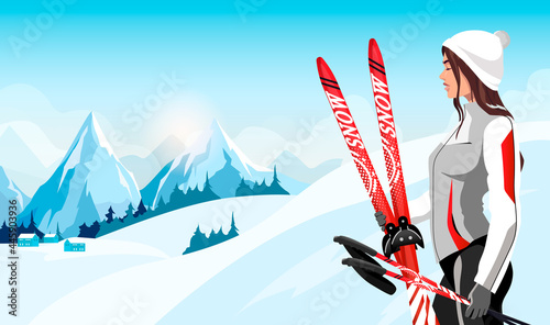 Beautiful female skier enjoying with skis on snowy slope at winter ski resort. Woman skier at mountains ski resort background, skis and ski poles in hands. Blue sky and sun view. Vector illustration