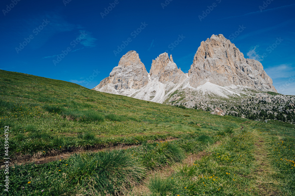 Summer view of Sassolungo and Sassopiato towers in Dolomites, Italy. Beautiful summer day in Dolomiti, green grass, blue sky and high rock towers, peaks and summits.
