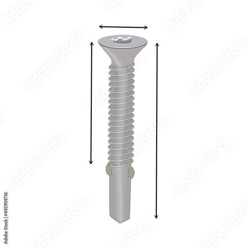 Screw isolated on white background. Stainless steel bolt. Lock helix icon. Screw with space for dimensions. Self tapping screw for wood. Stock vector illustration