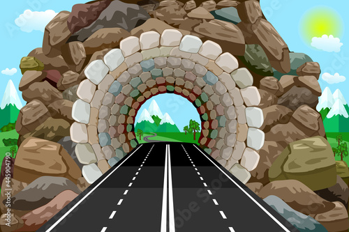 Tunnel with highway and mountains at the exit of way. Speedway tunnel road. Mountain landscape with entrance to the arched freeway tunnel. Underground motorway. Stock vector illustration
