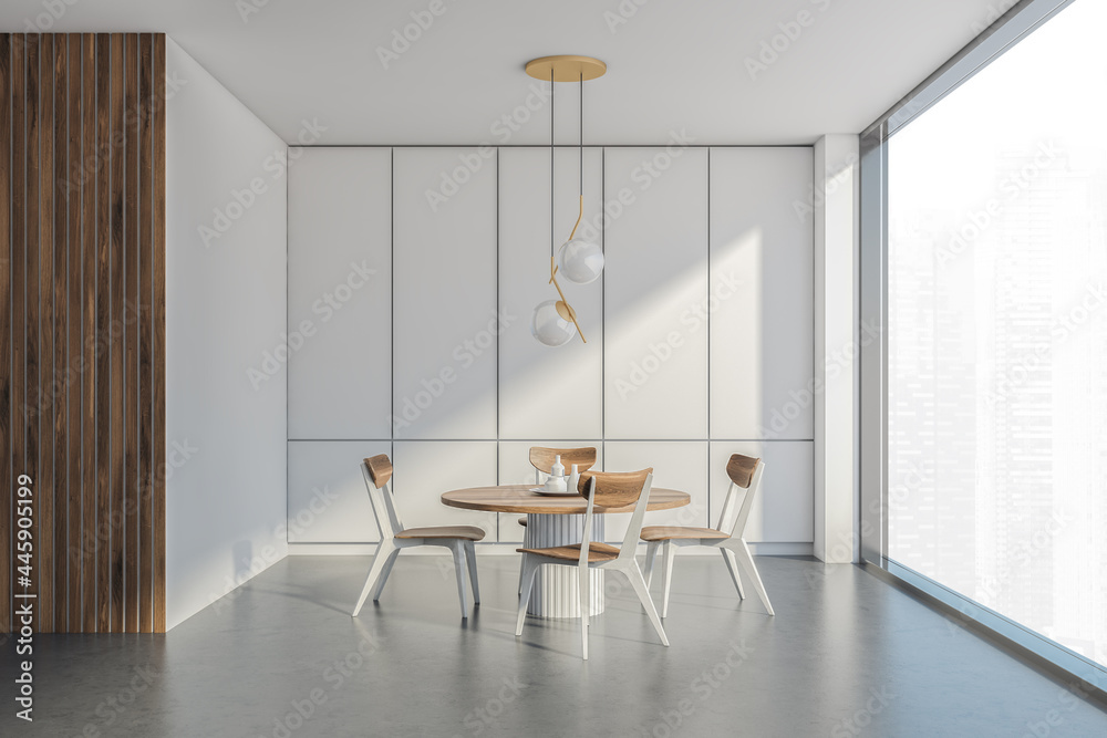 Fototapeta premium Dining room with wooden table, chairs and white panoramic interior