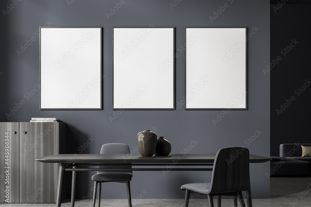Three banners in the dark grey living room with table and sideboard Three banners in the dark grey living room with table and sideboard