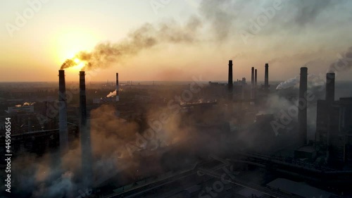Steel Plant Industry Demis Pipe Pollution Emissions Flyover Drone 4K Video photo