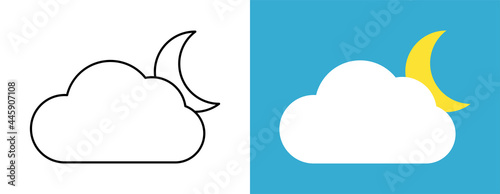 Set with different weather icons. Icons of moon and cloud on a blue and white background. Cloud vector logo. Linear and color icons.