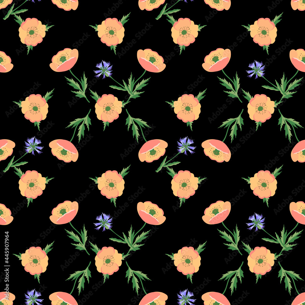 Fototapeta premium Poppies with cornflowers on field seamless pattern.