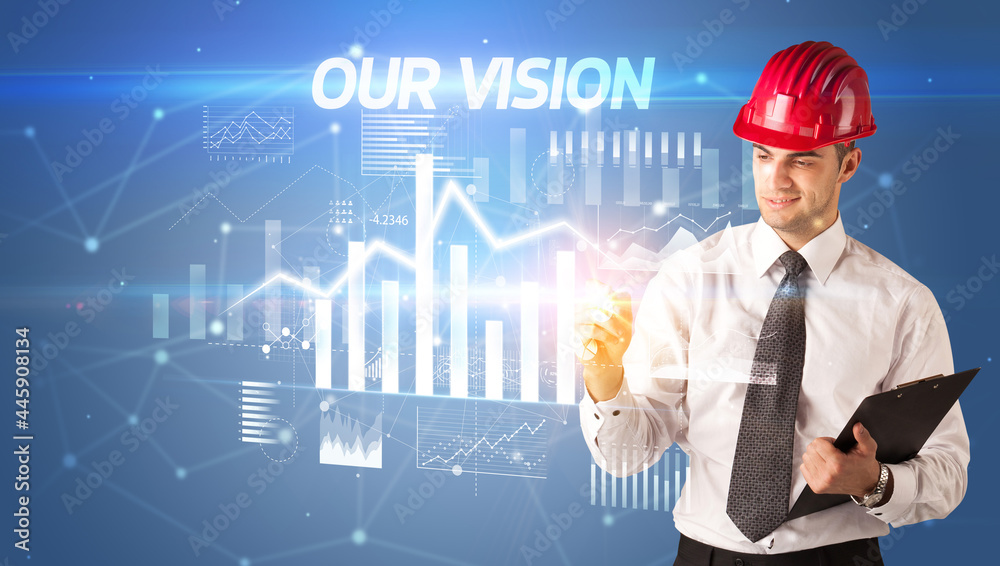 Young businessman with helmet drawing on virutal screen Young businessman with helmet drawing on virutal screen