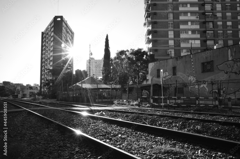 Fototapeta premium pedestrian level crossing in Belgrano, Buenos Aires, monochrome