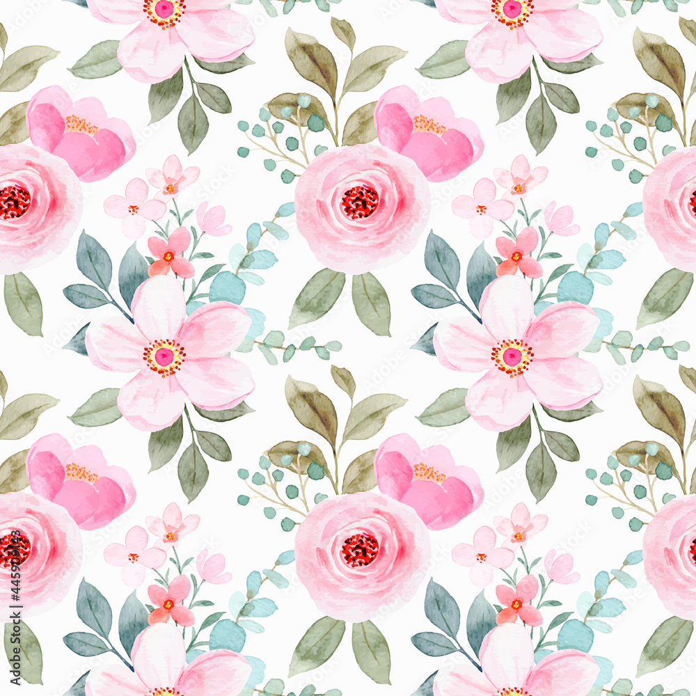 Pink floral watercolor seamless pattern