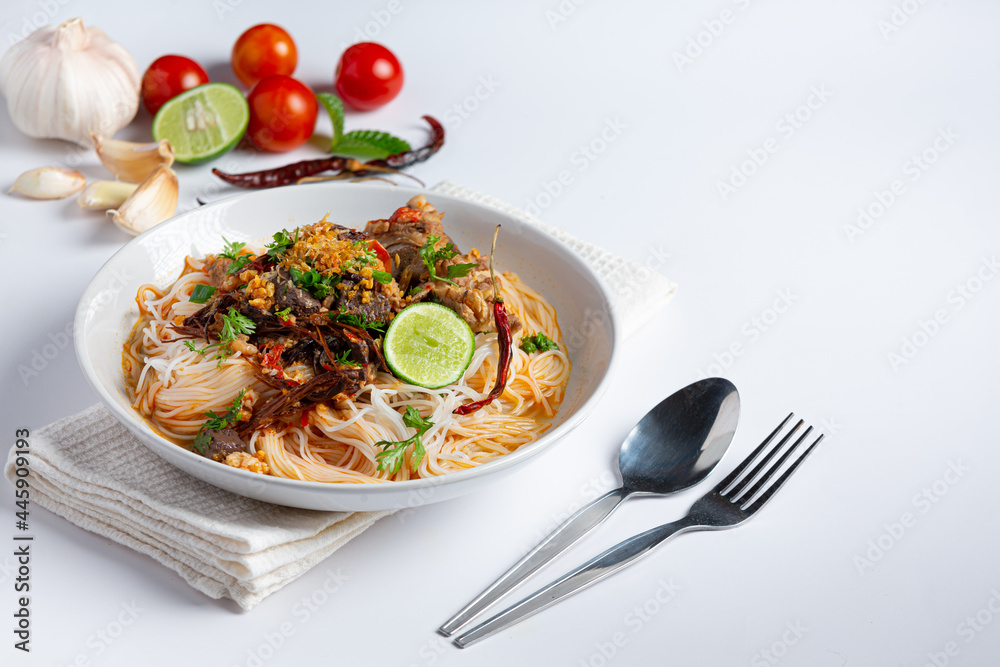 Rice noodles in fish curry sauce with vegetables Rice noodles in fish curry sauce with vegetables
