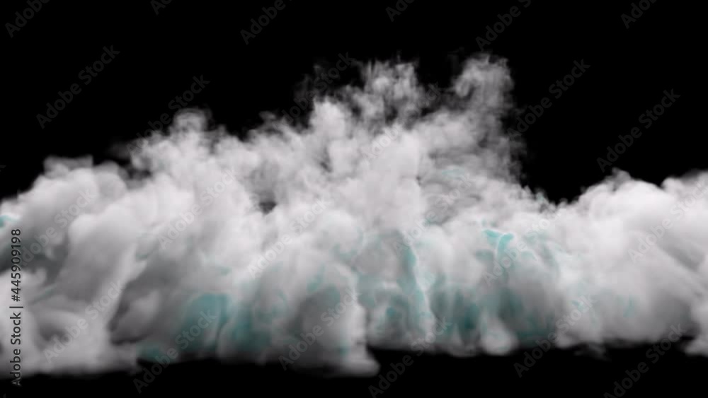 A cloud of colored smoke falling from the top of the frame spreads out across the bottom and completely dissipates on a alpha channel background.