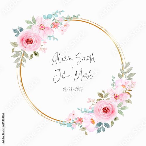 Watercolor pink floral wreath with golden circle