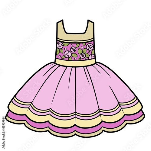 Elegant dress with a fluffy skirt and an ornament of roses on the bodicet color variation for coloring page isolated on white background