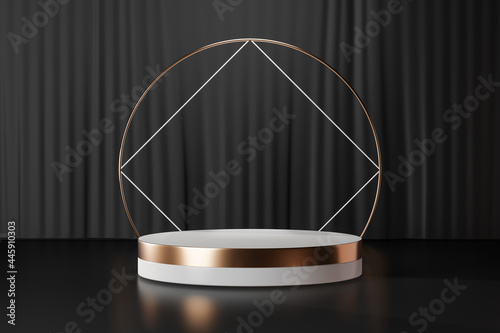 3D rendering background. White gold cylinder stage podium with square ring gold wall on black curtain background.