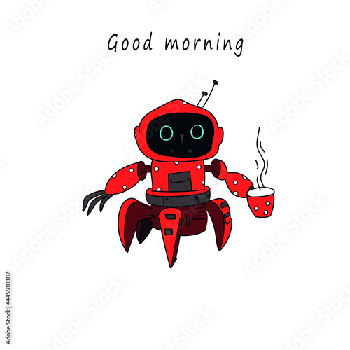 red robot with cup of cofee
