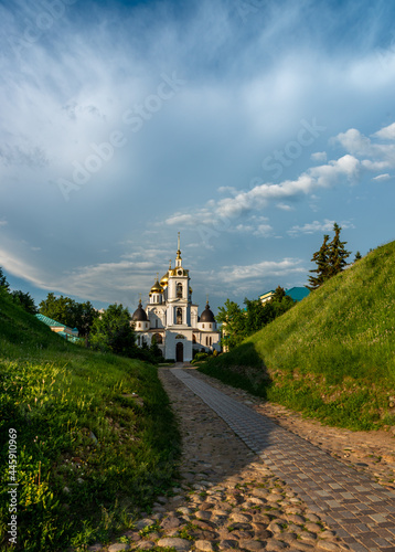 Pathway to the Uspensky Cathedral in Dmitrov near Moscow, Russia, in a park