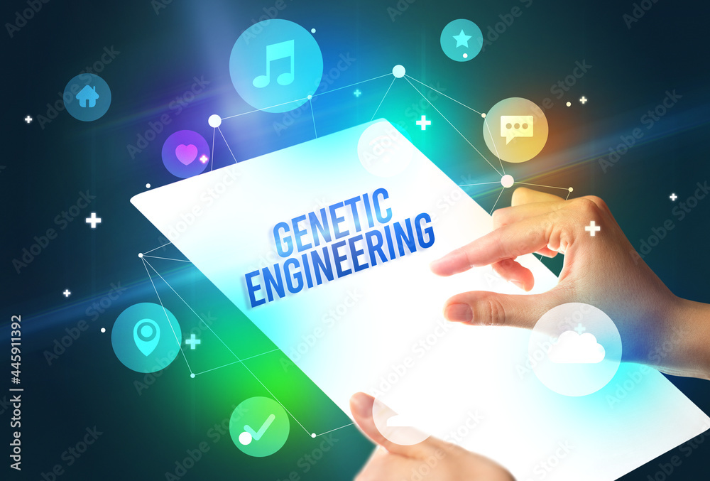 Holding futuristic tablet, new media concept Holding futuristic tablet, new media concept