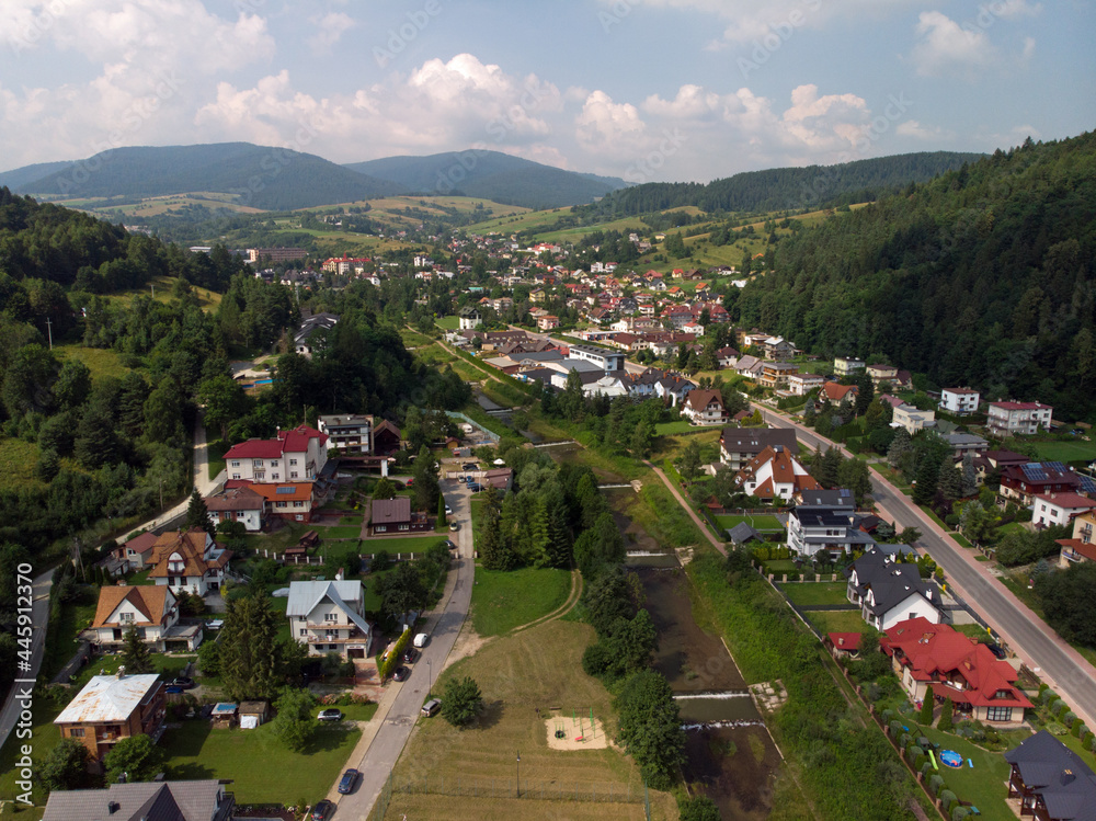Muszyna latem/Muszyna Town aerial view in summer, Lesser Poland, Poland