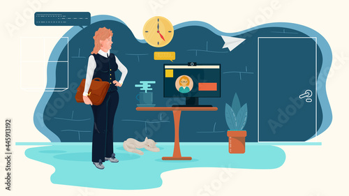 A girl with a briefcase stands in front of a table with a monitor and conducts a dialogue on communication an illustration in a flat style for design design