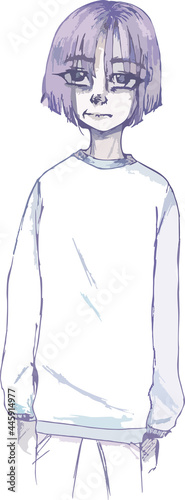 Freehand sketch of a girl with a square. Anime character girl with purple hair in a sweater and jeans. Cute girl with short hair in anime style
