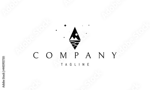 Vector logo on which an abstract image of mountains and rivers in the form of a crystal.
