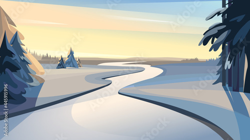 Beautiful Winter Scenery Frozen River Sunset