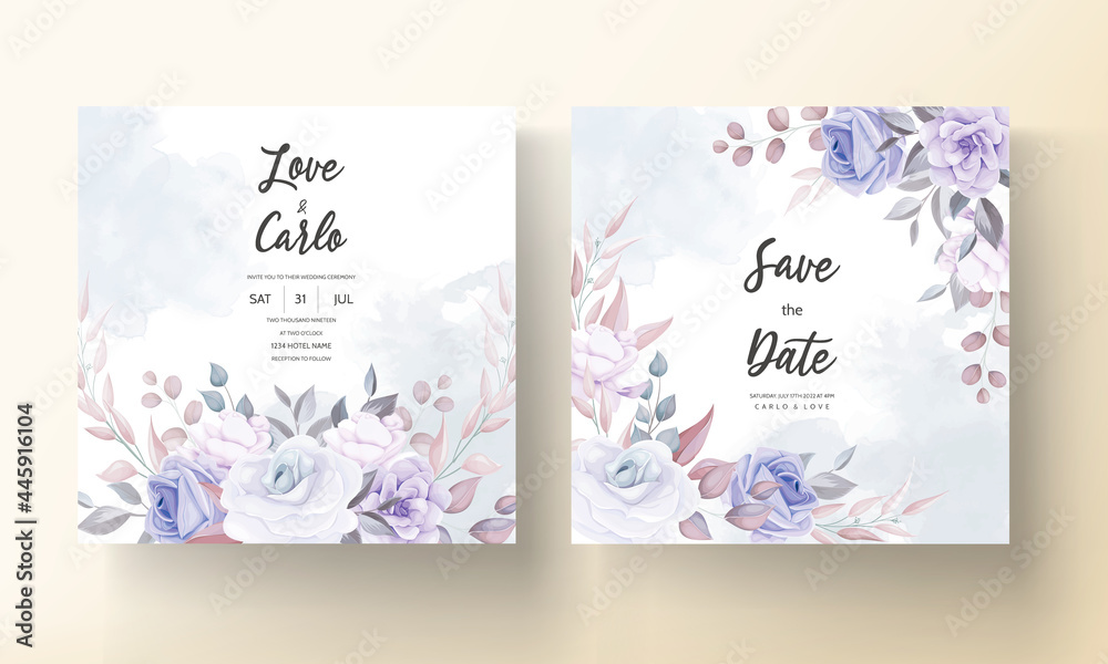 Beautiful Wedding Invitation Card With Purple Flower Ornament