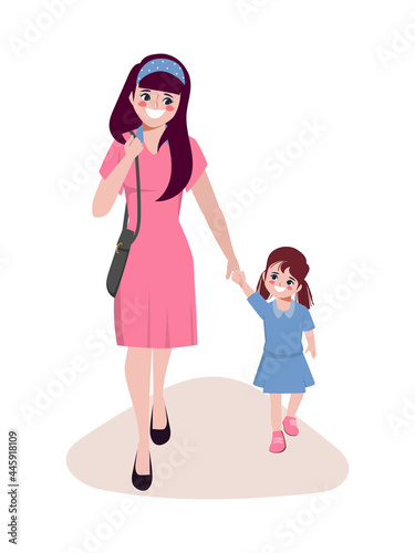 Hand drawn mother's day walking with daughter character.