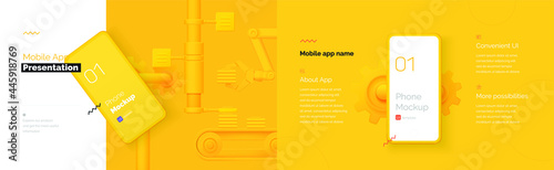 Modern presentation of a mobile application. Mobile phone mockup on a yellow background with a description of the mobile application. Modern illustration 3D style.