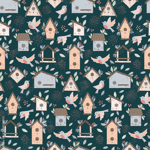 Birds and starling houses pattern. Colorful birdhouses, cute birds and nests, hand drawn doodle. Cartoon homemade nesting boxes for birds, vector illustration for print.