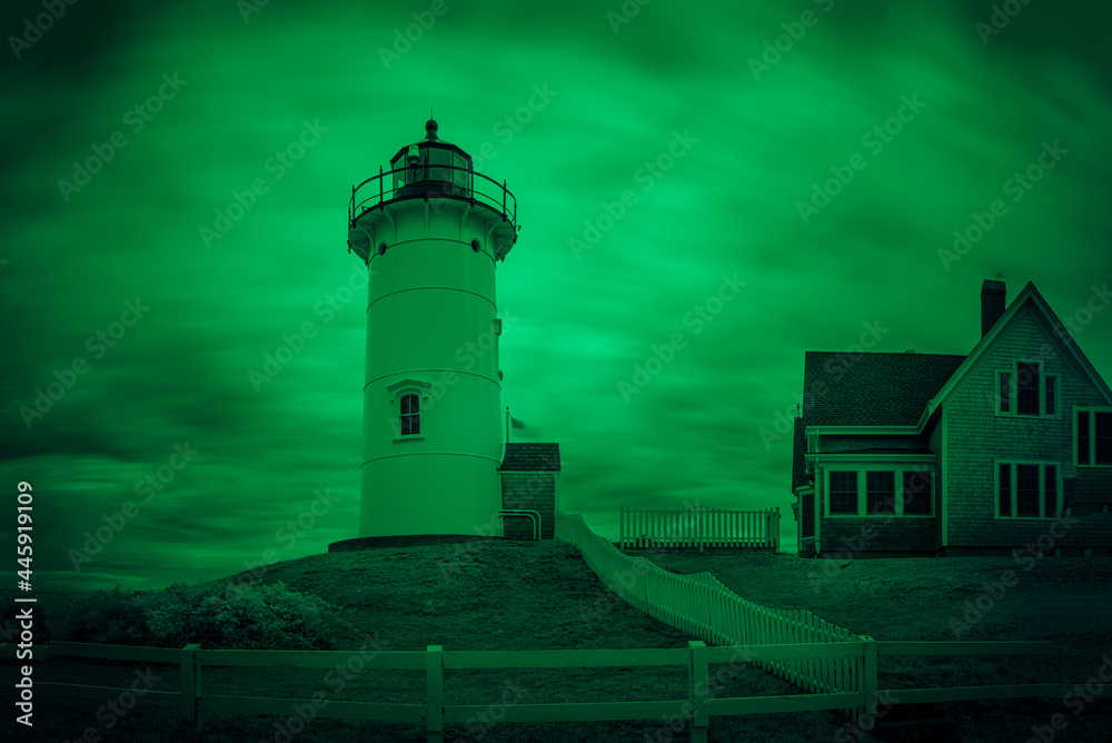 Nobska Light Lighthouse in Green Night Vision. Moody Cloudscape over Lighthouse.
