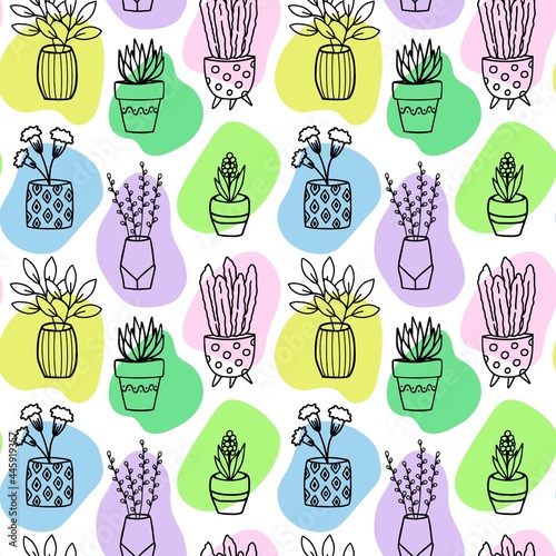 Seamless pattern with wild flowers and flowerpots on a white background