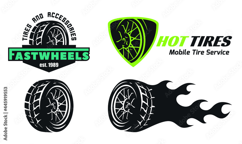 Set of tire shop logo design. Mobile tire repair badges. Logo for tyre storage company. Stock
