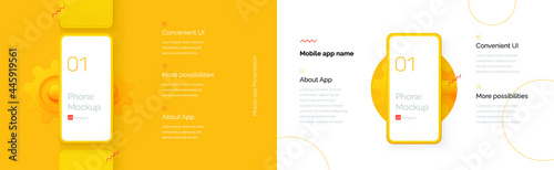 Modern presentation of a mobile application. Mobile phone mockup on a yellow background with a description of the mobile application. Modern illustration 3D style.