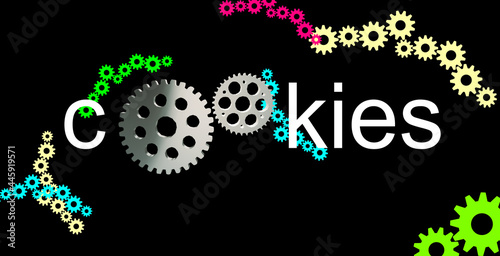An HTTP COOKIE, website and browser. Poster of cogwheel inserted in the text of the banner. Dark background. Informatics, technology and internet. Set of gear wheels.