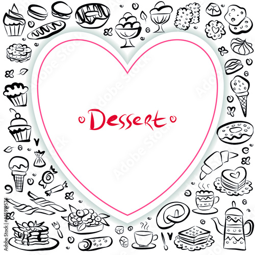 Set of doodle sweets food on white background. Vector. Cakes, biscuits, baking, cookie, donut, ice cream, macaroons, coffee. Perfect for dessert menu or design. Heart composition.