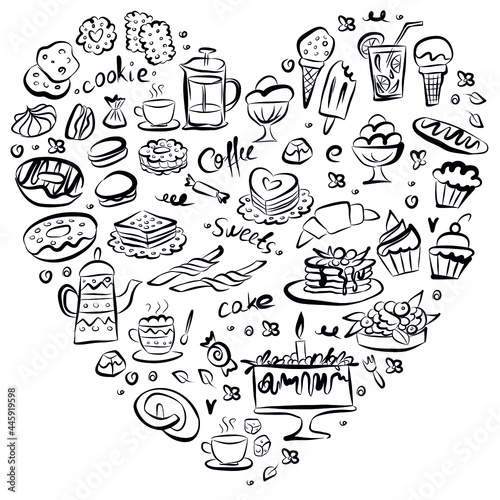 Set of doodle sweets food on white background. Vector. Cakes, biscuits, baking, cookie, donut, ice cream, macaroons, coffee. Perfect for dessert menu or design. Heart composition.