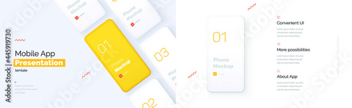 Modern presentation of a mobile application. Mobile phone mockup on a yellow background with a description of the mobile application. Modern illustration 3D style.