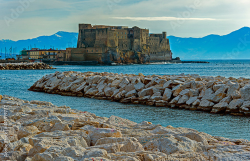 View of Borgo Marinari and Castel dell Ovo, a seaside castle in Naples, Italy