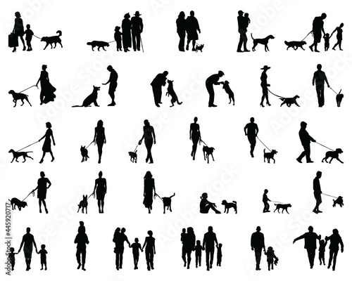 Black silhouettes of people with dog on a white background	