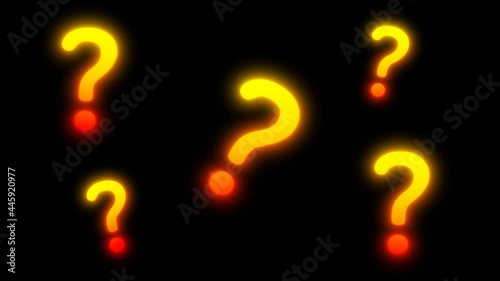 Large orange and red glowing question marks in various sizes sway left and right. Seamless loop animation with alpha channel.  photo