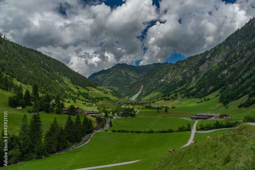 Valley near Kreealm waterfall in Austria Alps mountains on big wall