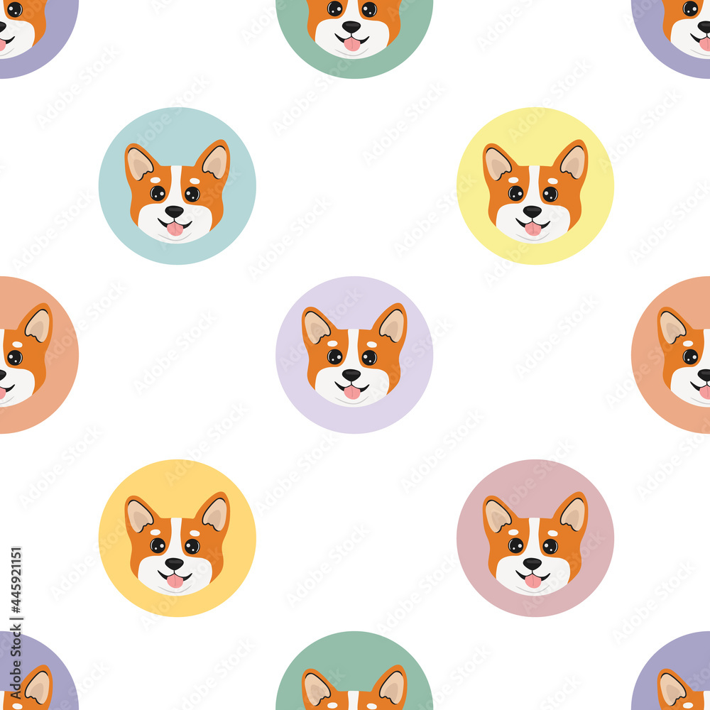 Seamless pattern with head corgi in colorful circles. Cartoon design animal character flat vector style. Baby texture for fabric, wrapping, textile, wallpaper, clothing. Funny little doggy.