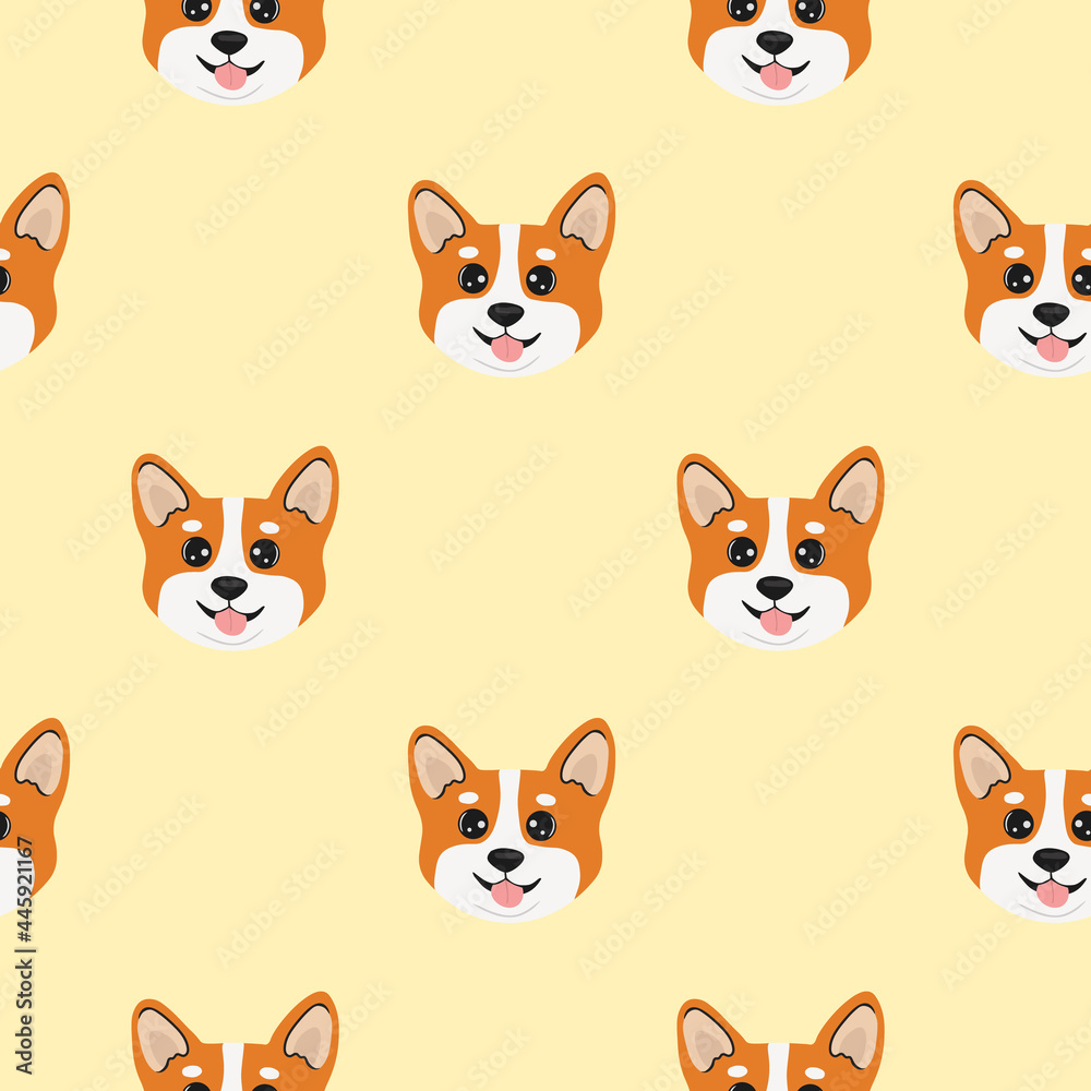 Seamless pattern with head corgi. Cartoon design animal character flat vector style. Baby texture for fabric, wrapping, textile, wallpaper, clothing. Funny little doggy.