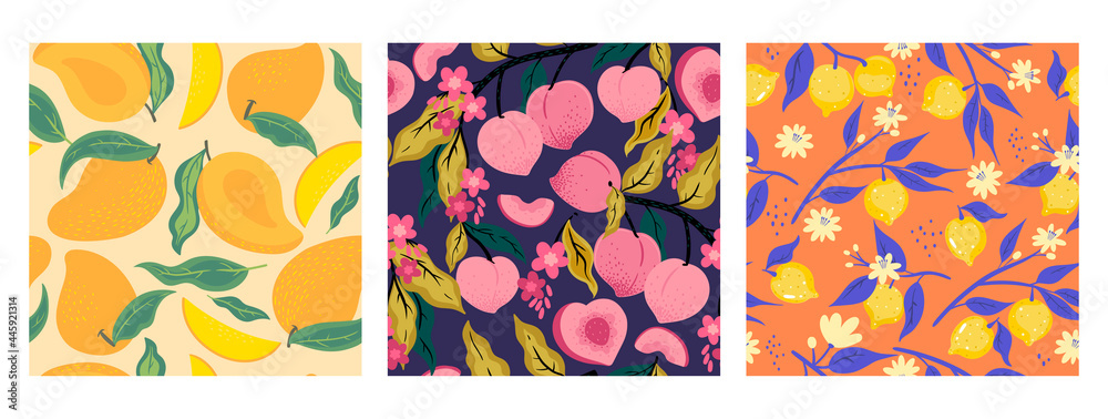 Collection of fruit seamless patterns. Vector graphics.