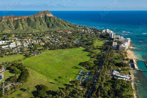 Aerial view of city park and Diamond Head Mountain, famous crater hike, Hawaii